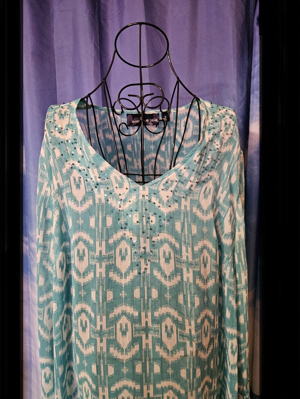 Susan Graver   Abstract Ikat Aqua Long-Sleeve Women's Dress or Beach Coverup - Picture 2 of 9